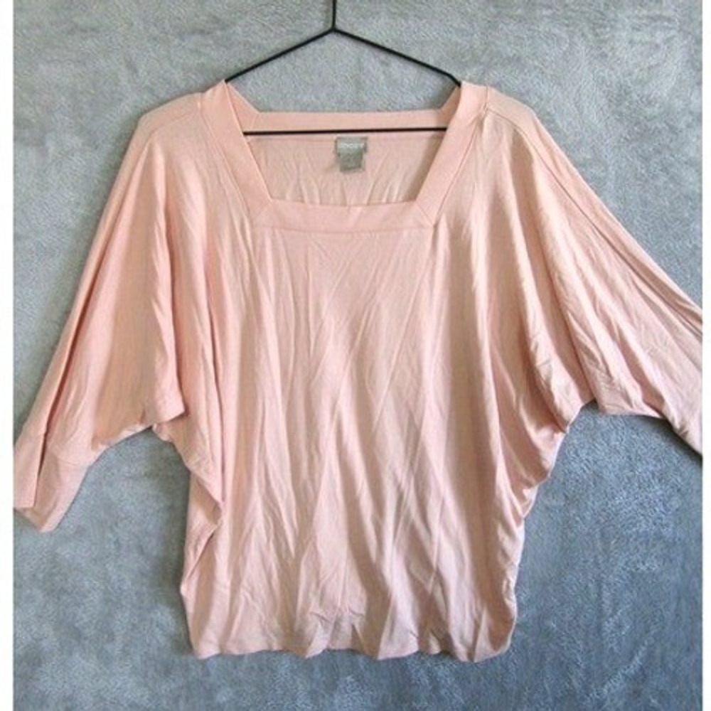 Chicos Peach Pink Square Neck Batwing Sleeve Top Size Medium Rayon Spandex